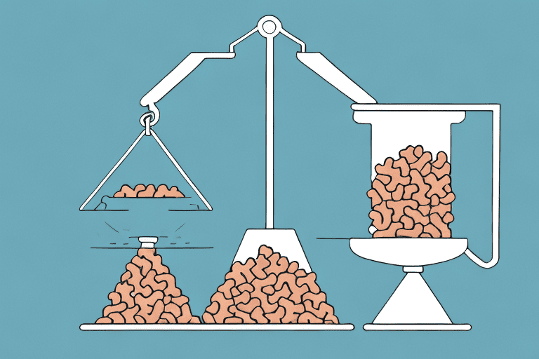 A scale balancing four pounds of dog food on one side and an equivalent number of cups filled with dog food on the other side