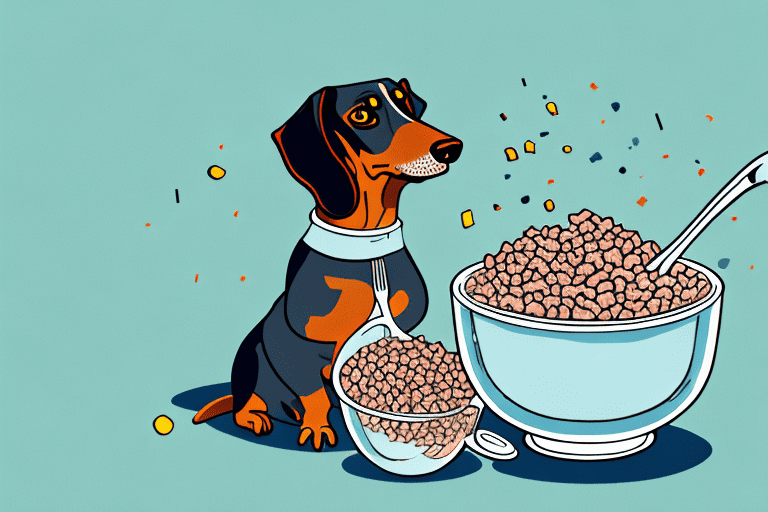 A dachshund happily eating from a bowl filled with dog food