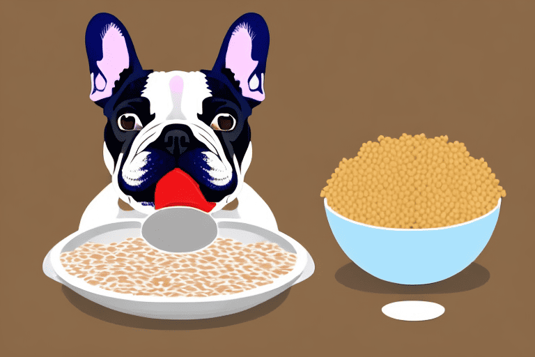 A french bulldog happily munching on a bowl of healthy