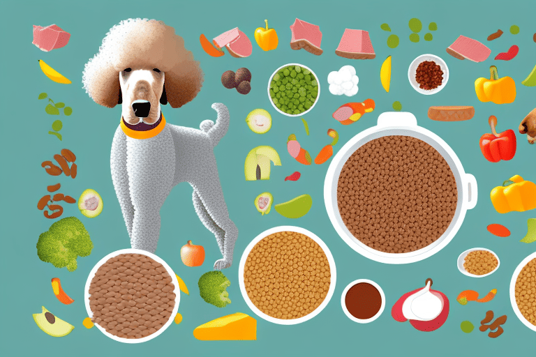 A standard poodle happily eating from a bowl filled with nutritious dog food