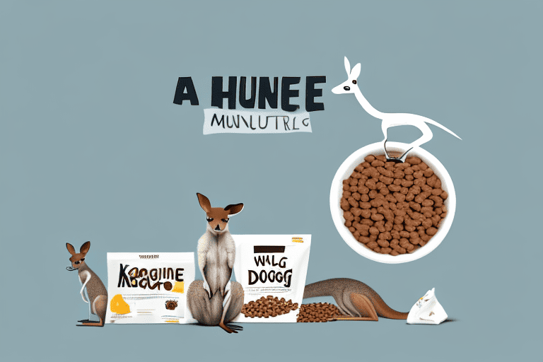 A kangaroo happily munching on a bowl of dog food