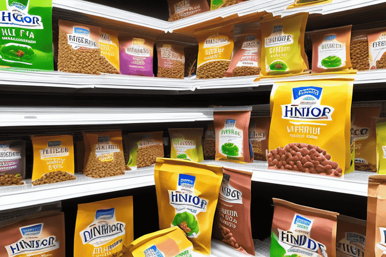 A variety of dog food packages on a supermarket shelf