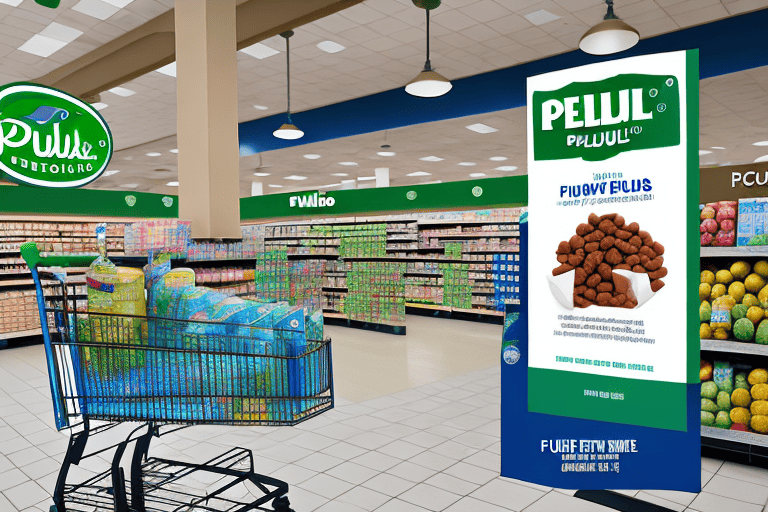 A publix grocery store with a shopping cart outside filled with blue buffalo dog food bags