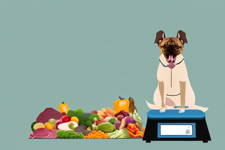 A 50lb dog sitting next to a scale with various types of raw food like meat