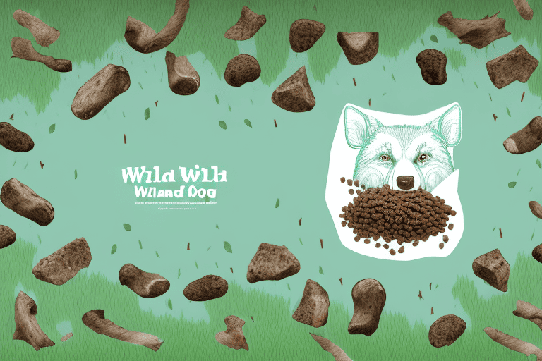 A bag of wild earth dog food surrounded by various elements of nature such as trees