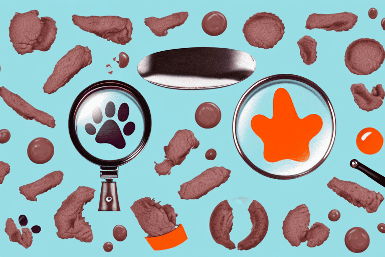 A variety of dog food brands with a magnifying glass hovering over them