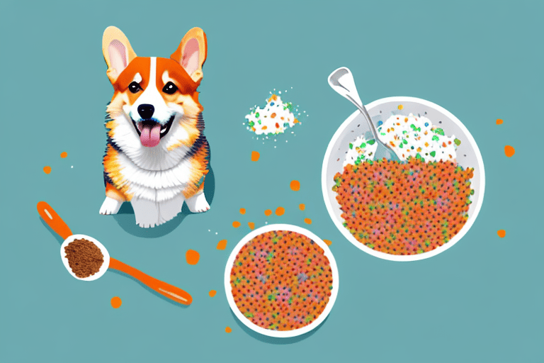 A corgi happily eating from a bowl full of nutritious and colorful dog food