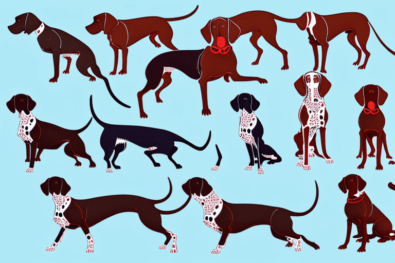 Several different types of german shorthaired pointer dogs in various poses