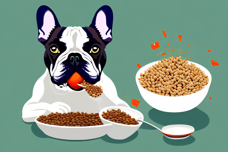 A french bulldog happily eating from a bowl filled with nutritious dog food