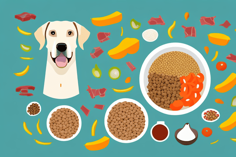 A labrador retriever happily eating from a bowl filled with nutritious dog food