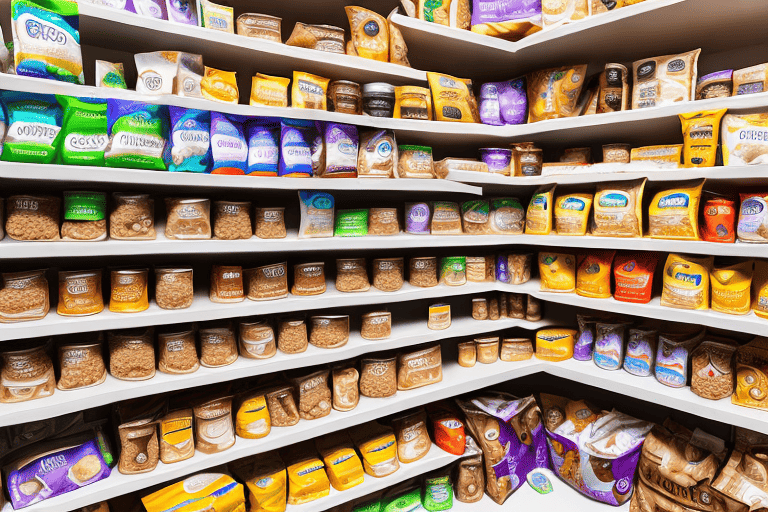 Various types of essence dog food arranged neatly on a store shelf