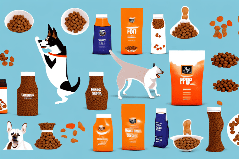 Various types of sport dog food arranged on a shelf