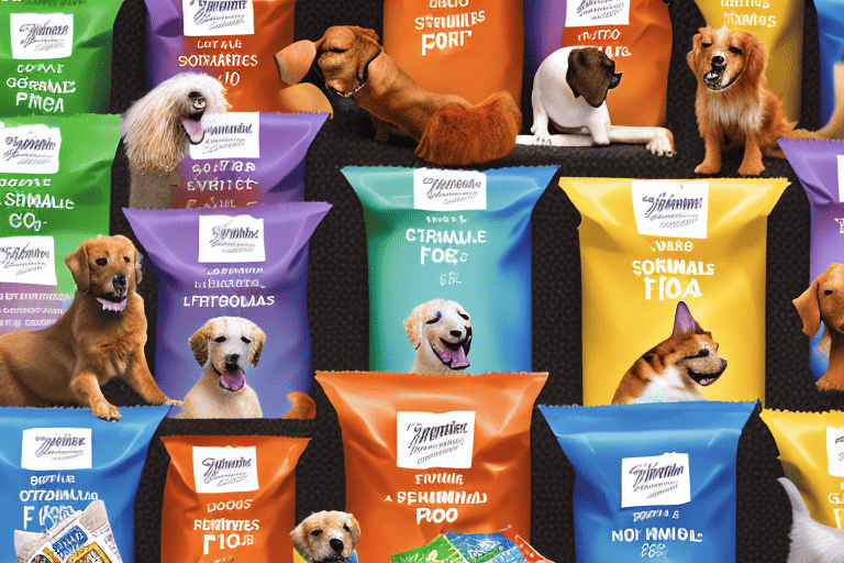 A variety of sportsman pride dog food bags arranged in a shopping cart