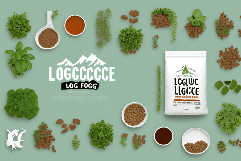 A bag of nature's logic dog food surrounded by various natural elements