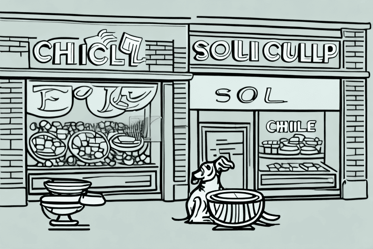 Various retail store buildings with a dog happily eating from a bowl of chicken soup