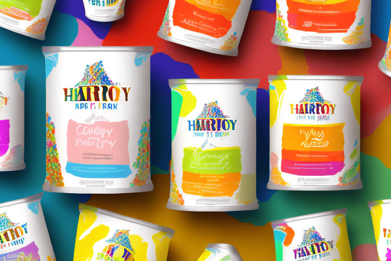 A variety of colorful dog food packages labeled as "pure harmony" on a store shelf