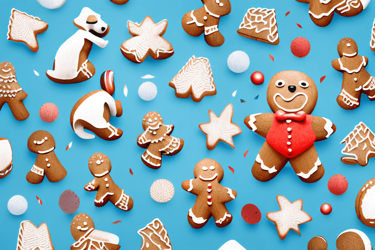 A playful dog joyfully interacting with a gingerbread-shaped dog toy