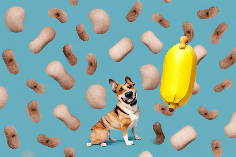 A playful dog joyfully interacting with a banana-shaped dog toy