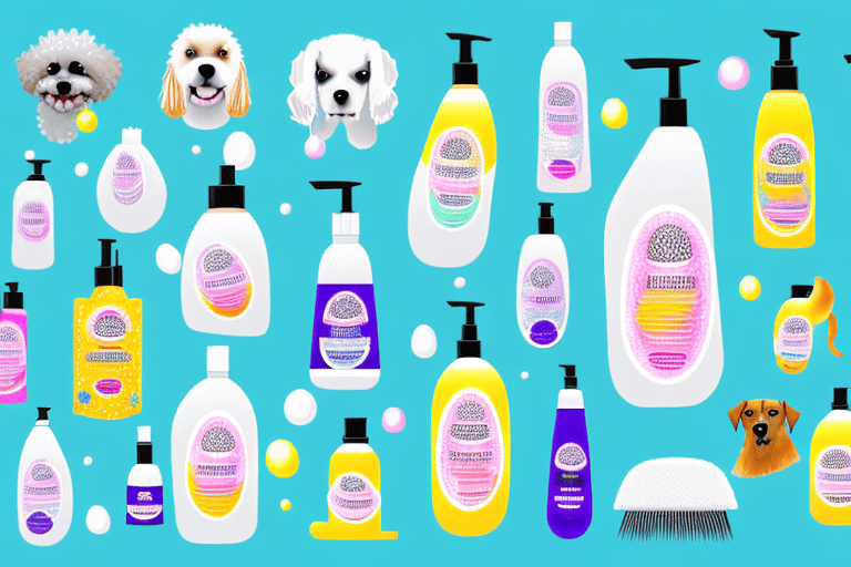 Various types of dog shampoos displayed on a shelf