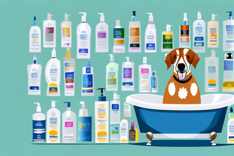 A dog in a bathtub surrounded by various bottles of human shampoo