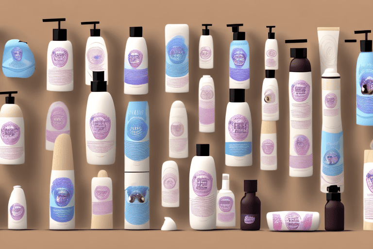 A variety of dog-friendly shampoo bottles displayed on a wooden shelf