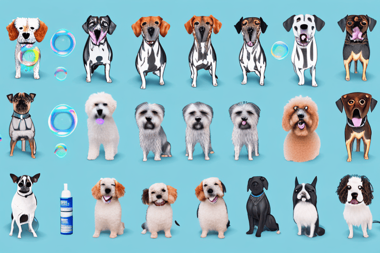 Several different types of dog breeds with bubbles and shampoo bottles around them