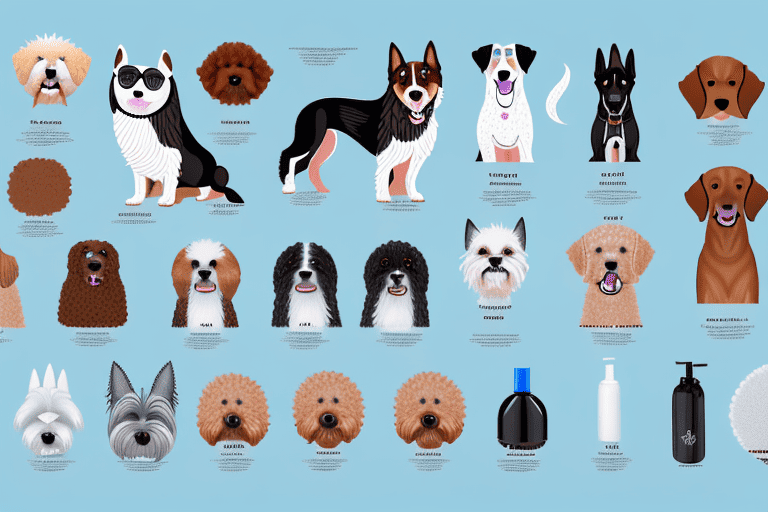 A variety of dog breeds each with a different type of shampoo bottle