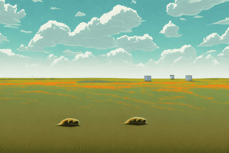 A prairie landscape with a few prairie dogs and scattered rozol bait boxes nearby