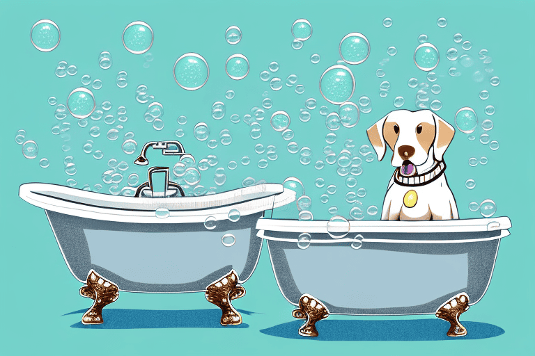 A dog in a bathtub surrounded by bubbles