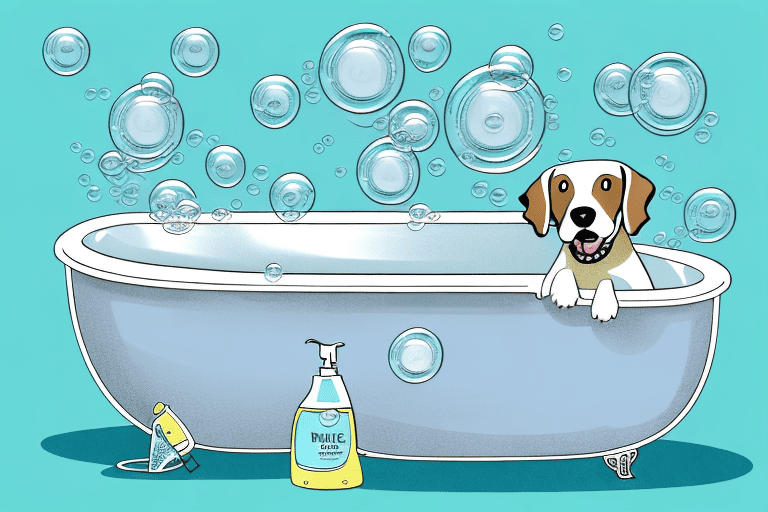 A dog in a bathtub surrounded by bubbles