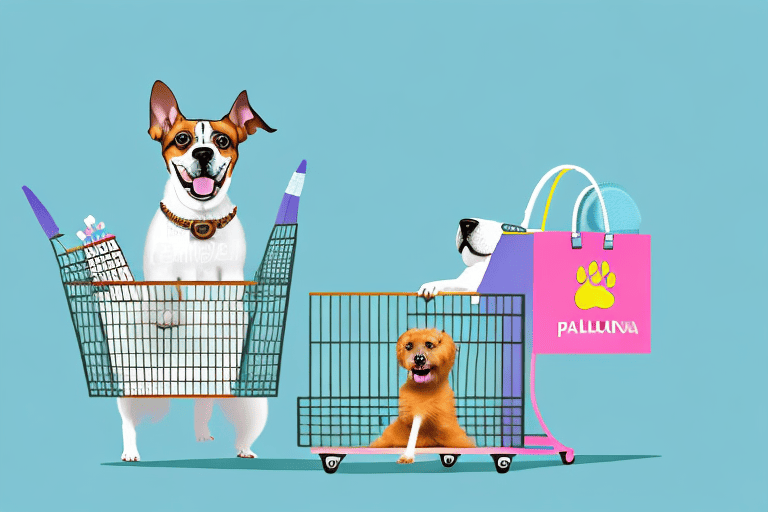 A dog next to a shopping basket filled with a box of palladia