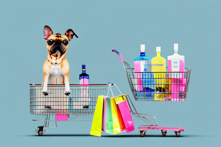 A dog sitting next to a shopping basket filled with different types of dog medications