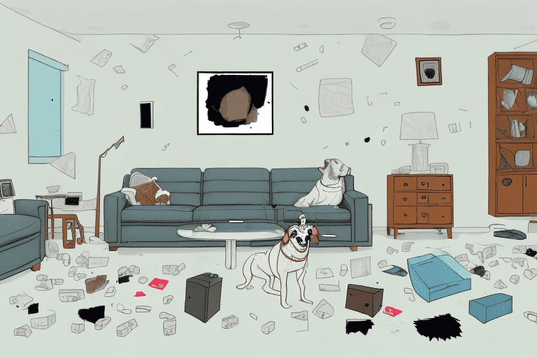 A chaotic living room with chewed furniture and a dog collar lying on the floor