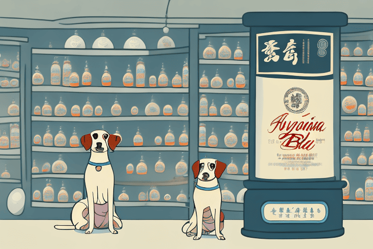 A dog looking curiously at a bottle of yunnan baiyao capsules on a store shelf