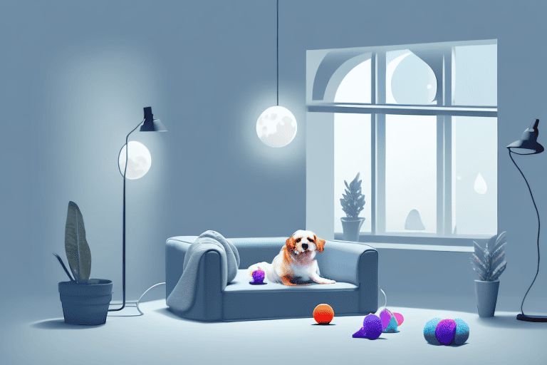 A variety of dog toys scattered around a dimly lit room