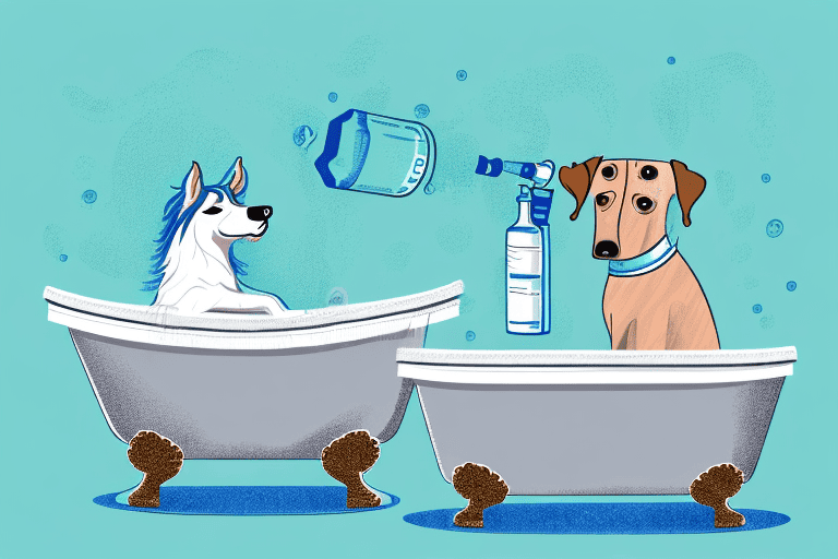 A dog in a bath tub with a bottle of horse shampoo sitting on the edge