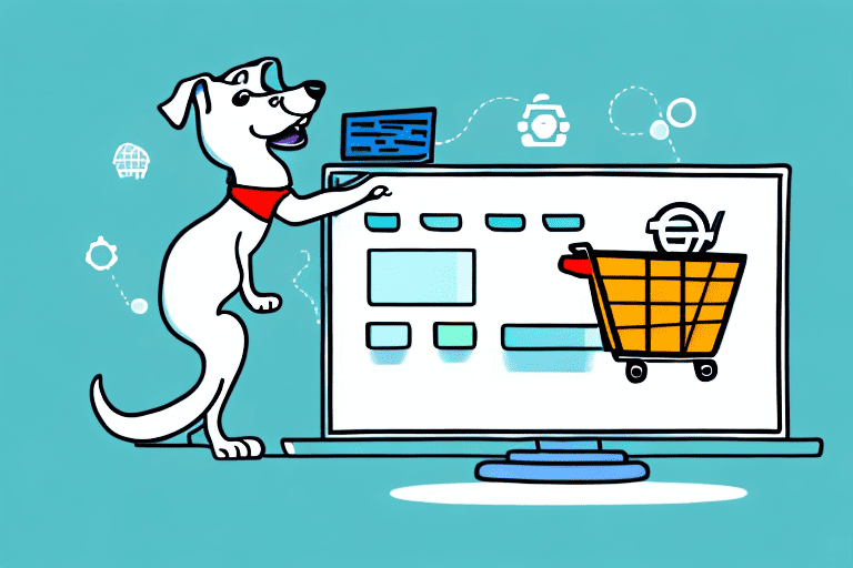 A curious dog near a computer screen displaying a shopping cart icon