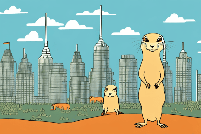 A prairie dog in a natural setting with a few different types of pet store buildings in the background