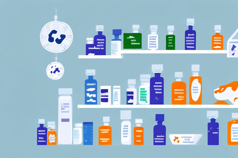 A veterinary pharmacy setting with shelves of various animal medications