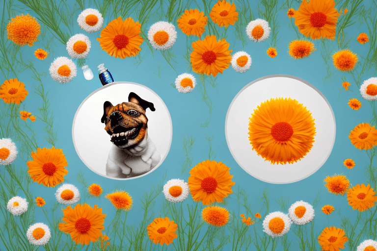 A dog happily playing in a field of blooming calendula flowers