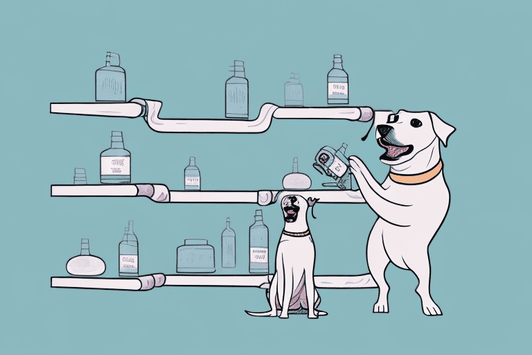 A dog happily looking at a bottle of entyce placed on a pet store shelf