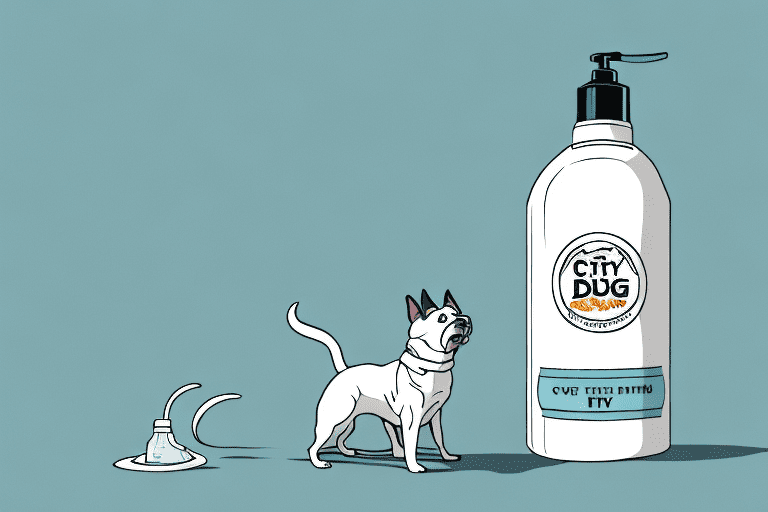 A curious dog looking at a bottle of cat flea shampoo