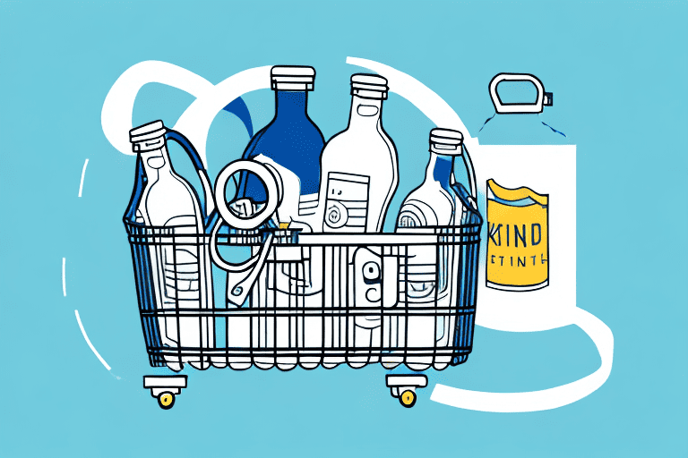 A shopping basket filled with a bottle of potassium bromide and a dog leash