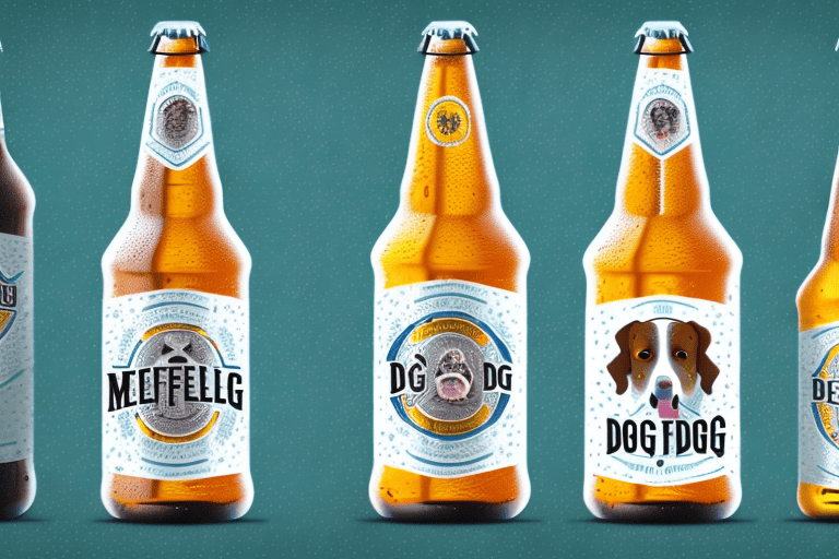 Two different types of beer bottles with dog-themed labels