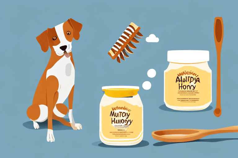 A dog happily licking manuka honey off a wooden spoon