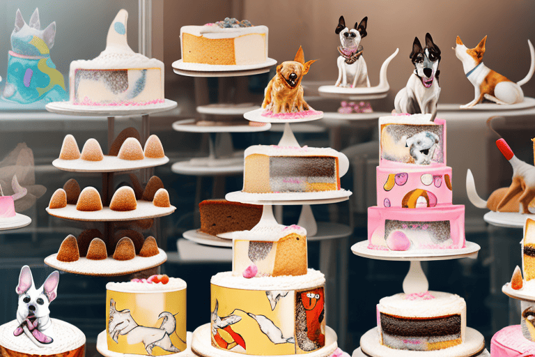 A variety of whimsical dog-themed cakes displayed in a bakery window