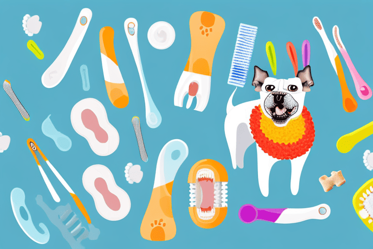 A variety of healthy dog dental products such as toothbrushes