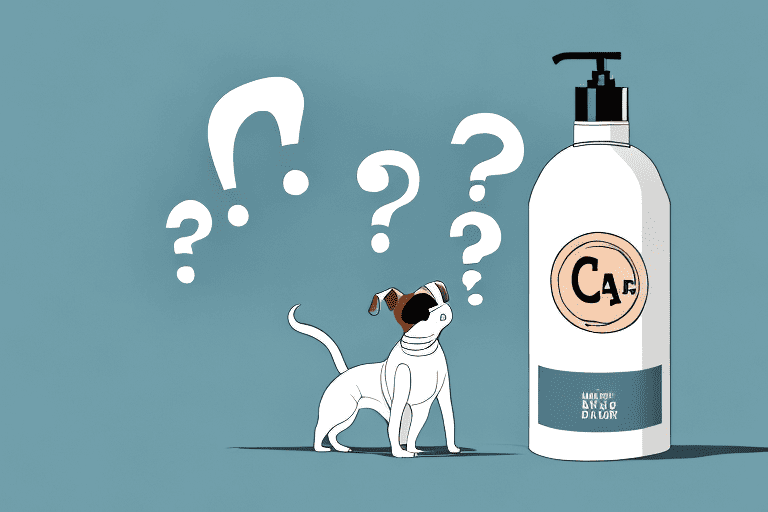 A curious dog looking at a bottle of cat shampoo