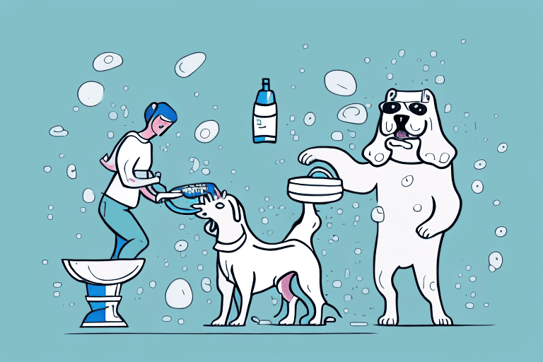 A dog being bathed with a bottle of lice shampoo nearby