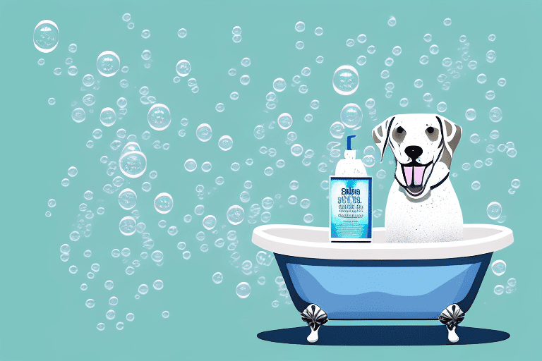 A dog happily sitting in a bathtub filled with bubbles